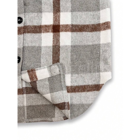 Plaid Oversized Shacket (Shirt / Jacket) White Grey Brown Long Sleeve & Pockets - Picture 4 of 6
